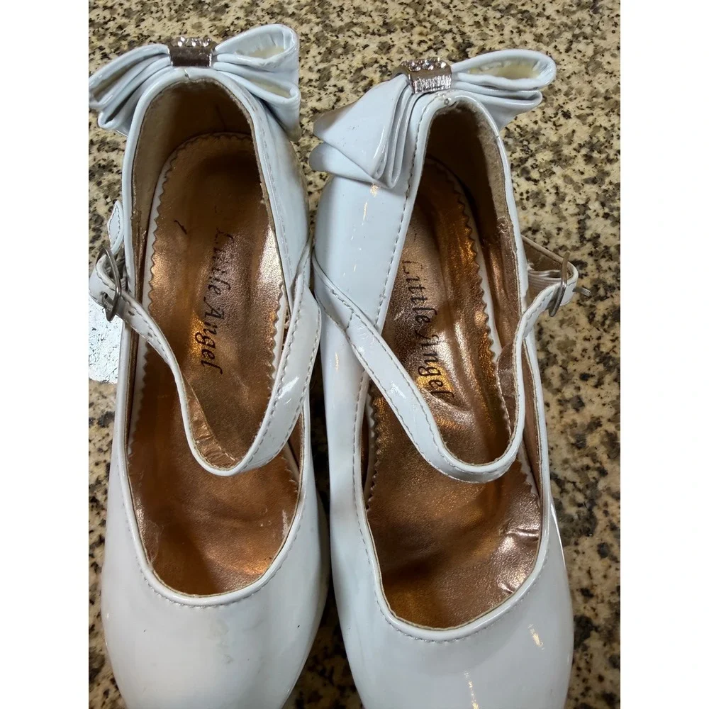 Little Angel Girls White Patent Mary Jane Rhinestone Kitten Heels Dress Shoes